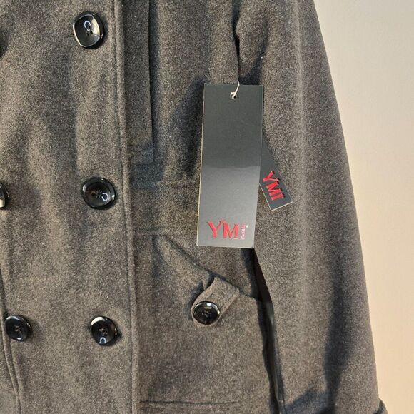YMI Pea Coat Juniors Sz S Double Breasted w Back Tab Charcoal Gray Wool Blend - Picture 4 of 9